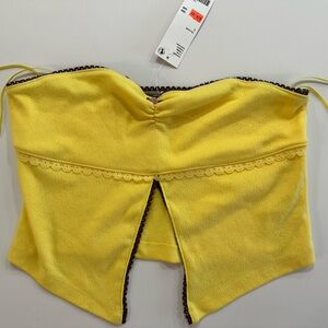 Yellow Strapless Top with Brown Trim
